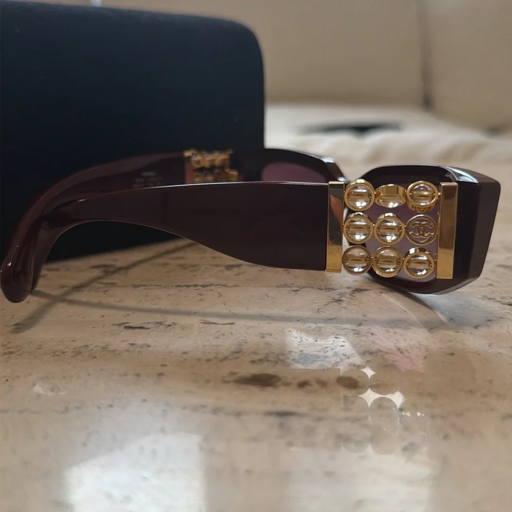 Chanel Burgundy Rectangular Sunglasses with Quilted Case